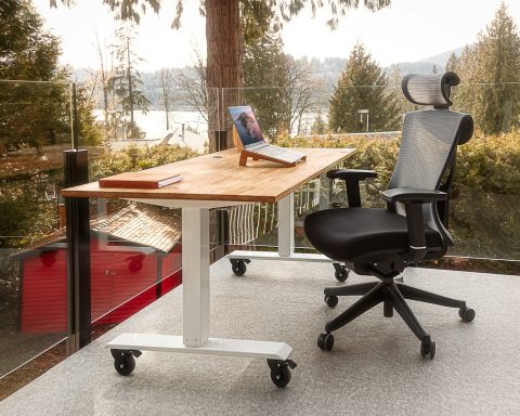 a desk with a laptop on top of it