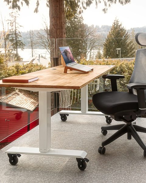 a desk with a laptop on top of it