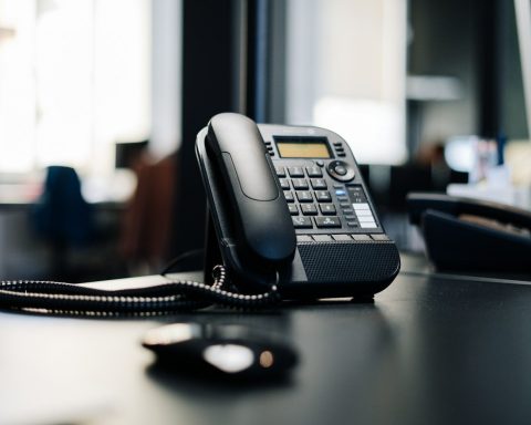 black ip desk phone on black wooden table