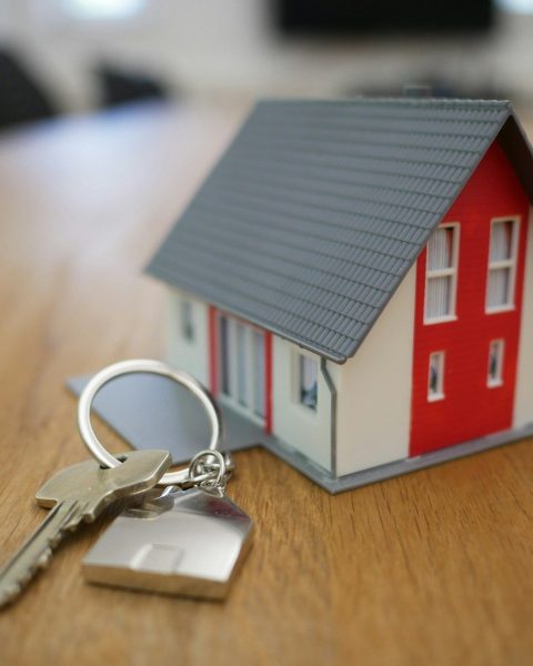 white and red wooden house miniature on brown table