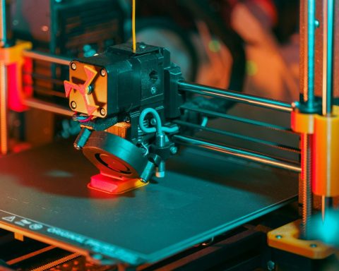 3D printer creating a red object with yellow filament